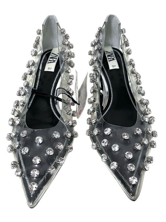 Zara Shoes - NWT ZARA Clear Vinyl Rhinestone Embellishments Pointed Toe Kitten Heels 37